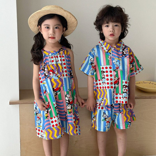 2025兄妹裝夏季兒童炸街親子裝男童短袖女童吊帶韓版卡通洋氣套裝