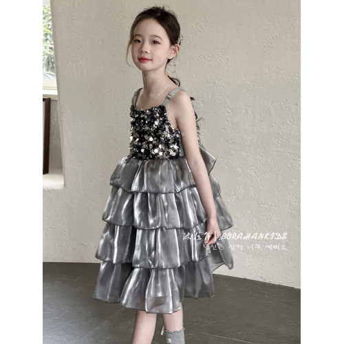 波拉韓女童連衣裙小女孩吊帶公主裙2025春夏兒童亮片蛋糕裙蓬蓬裙