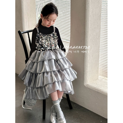 波拉韓女童連衣裙小女孩吊帶公主裙2025春夏兒童亮片蛋糕裙蓬蓬裙