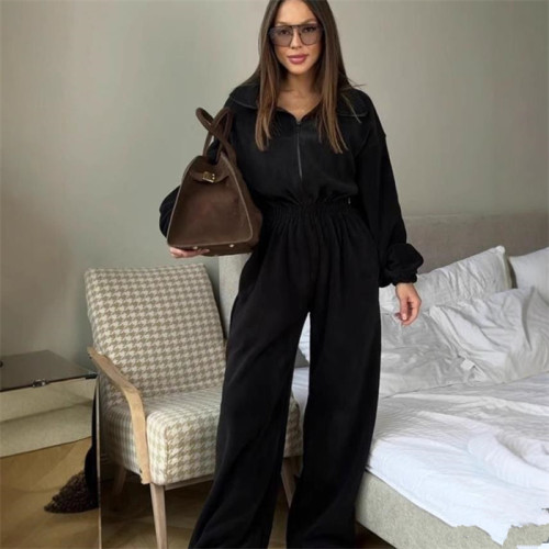 歐美時尚休閒長袖衛衣連體衣褲長褲套裝女 Zipper Jumpsuit Women