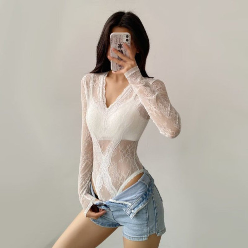 highheels舞服性感辣妹V領蕾絲透視爵士jazz長袖修身連體衣上衣