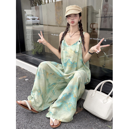 時髦復古國風印花背帶褲女夏新款寬松百搭濶腿褲新中式吊帶連體衣
