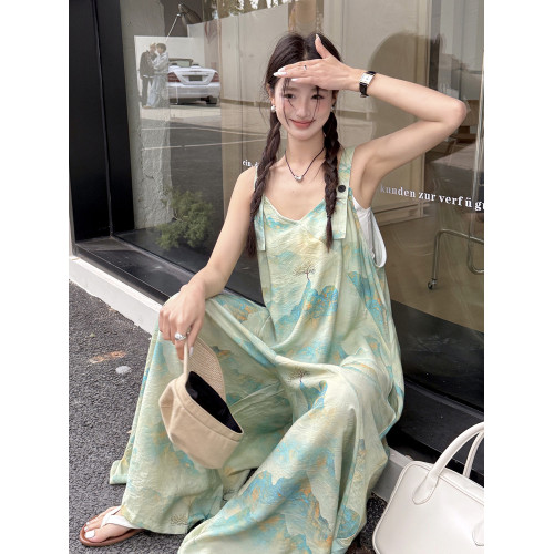 時髦復古國風印花背帶褲女夏新款寬松百搭濶腿褲新中式吊帶連體衣