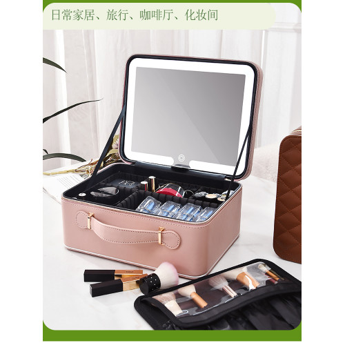 2025新款高級手提化妝箱帶燈鏡子大容量可攜式美妝跟妝旅行收納包