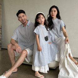 親子裝2025一家三四口夏季條紋短袖襯衣母女裝寬松度假休閒連衣裙