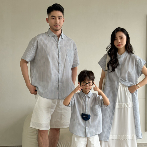 親子裝2025一家三四口夏季條紋短袖襯衣母女裝寬松度假休閒連衣裙