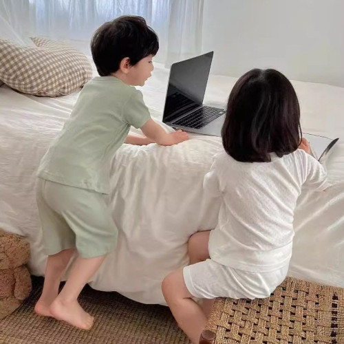 夏季新款兒童純色呼吸睡衣男女童寶寶純棉A類家居服套裝