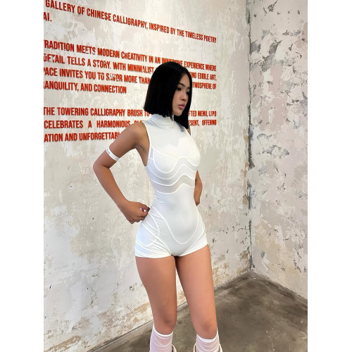 歐美純欲辣妹風半高領無袖連體衣女性感緊身顯瘦休閒運動包臀短褲