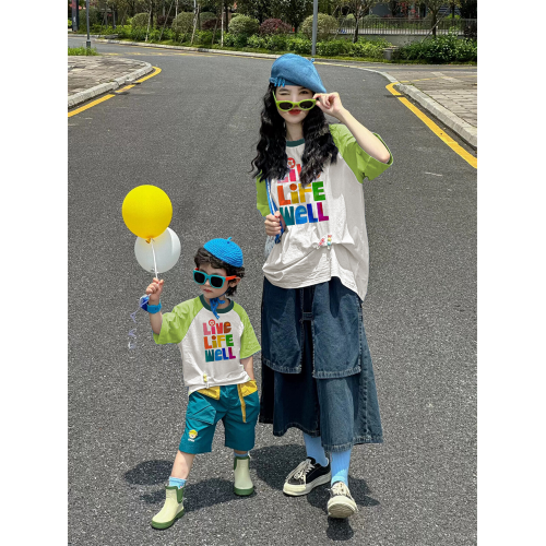 親子裝夏母子母女t恤一家三口四口短袖男童旅遊度假多巴胺女童T恤