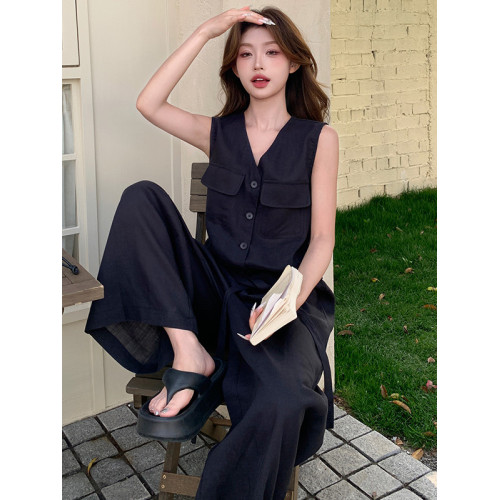 法式連體褲女夏季2025新款連體衣港風復古百搭減齡休閒無袖連身褲