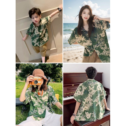 海邊度假親子裝一家三口夏威夷復古港風碎花短袖襯衫母女母子套裝 海邊度假親子裝一家三口夏威夷復古港風碎花短袖襯衫母女母子套裝