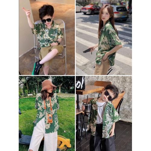 海邊度假親子裝一家三口夏威夷復古港風碎花短袖襯衫母女母子套裝 海邊度假親子裝一家三口夏威夷復古港風碎花短袖襯衫母女母子套裝