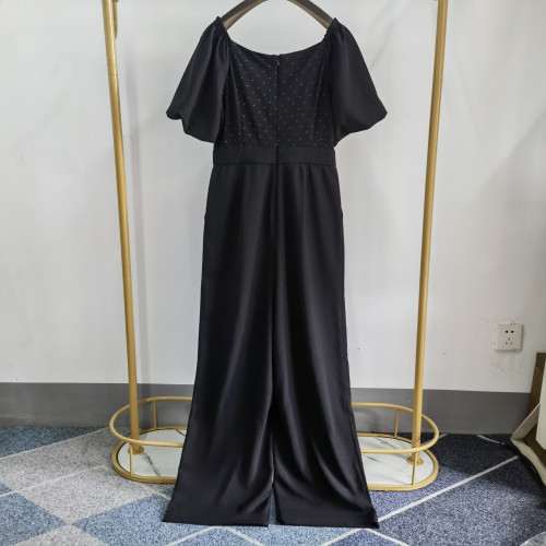 velwin蔚雯泡泡袖方領連體褲女夏新款顯瘦垂感濶腿褲高級感連體衣