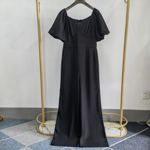velwin蔚雯泡泡袖方領連體褲女夏新款顯瘦垂感濶腿褲高級感連體衣
