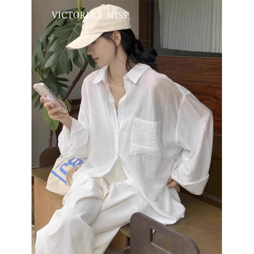 英國VICTORIA'S MISS法式棉麻白色防曬衣襯衫女款夏薄款外搭開衫