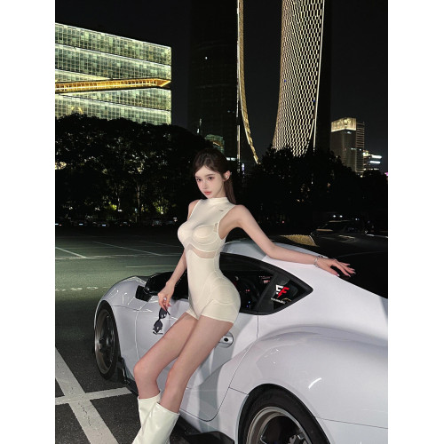 OUTFlT 歐美辣妹風白色網紗拼接連體衣女2025新款修身顯瘦包臀褲
