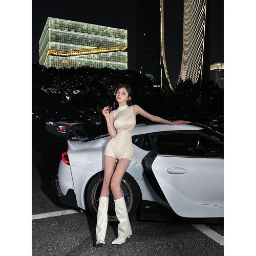 OUTFlT 歐美辣妹風白色網紗拼接連體衣女2025新款修身顯瘦包臀褲