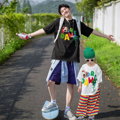 親子裝2025新款夏季一家三口四口母女母子裝立體花朵純棉短袖T恤