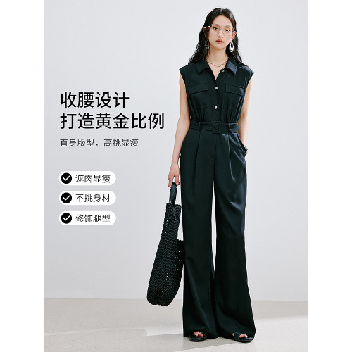 衣香麗影黑色翻領無袖連體褲女2025年夏裝新款寬松直筒濶腿連體衣