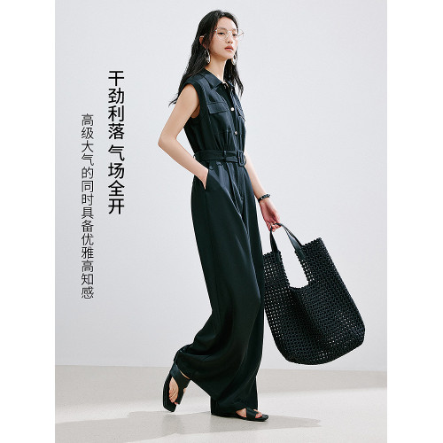 衣香麗影黑色翻領無袖連體褲女2025年夏裝新款寬松直筒濶腿連體衣