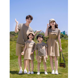 高級親子裝一家三口四口短袖夏裝母子全家款夏季多巴胺母女連衣裙