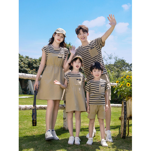 高級親子裝一家三口四口短袖夏裝母子全家款夏季多巴胺母女連衣裙