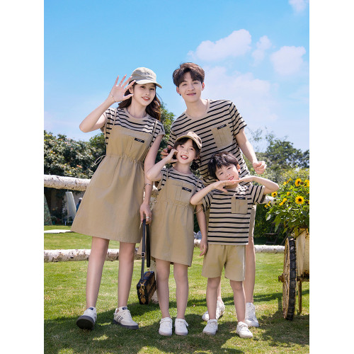 高級親子裝一家三口四口短袖夏裝母子全家款夏季多巴胺母女連衣裙