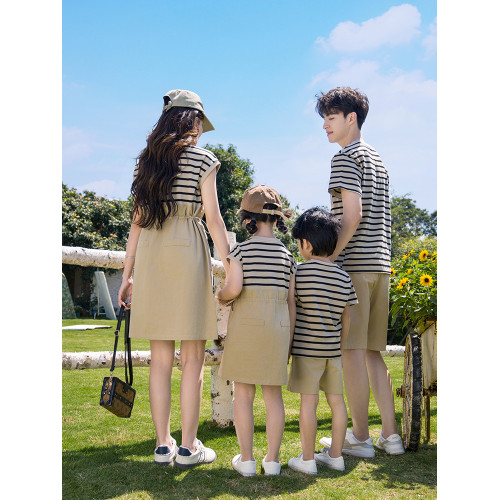 高級親子裝一家三口四口短袖夏裝母子全家款夏季多巴胺母女連衣裙