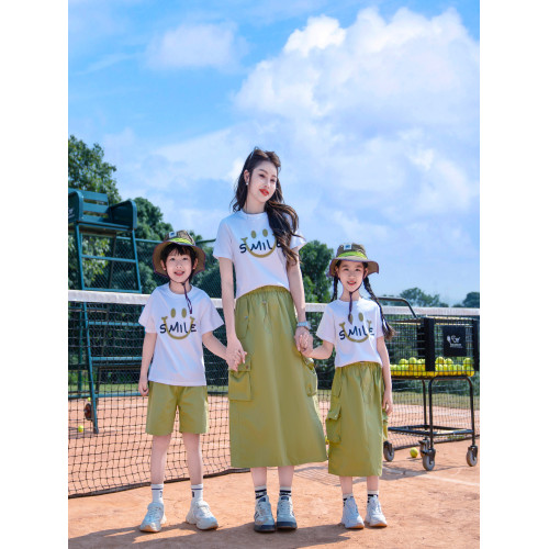 2025新款高級親子裝夏母女炸街短袖超火母子中長裙套裝一家三四口