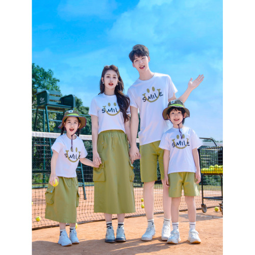 2025新款高級親子裝夏母女炸街短袖超火母子中長裙套裝一家三四口