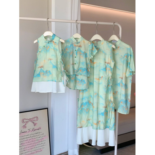 旗袍改良親子裝母女款一家三口四口夏高級感國風爬服新中式母子裝
