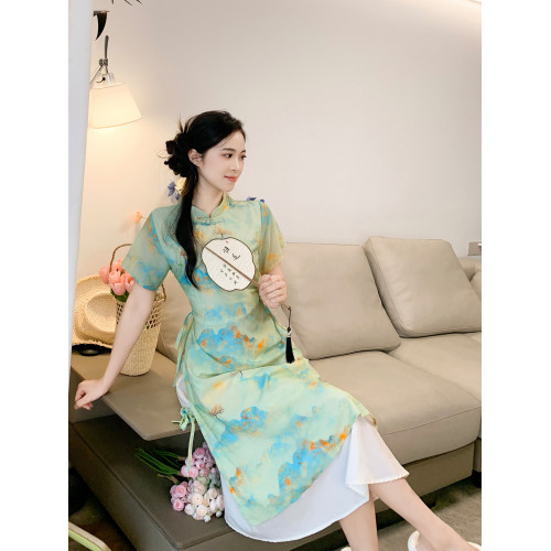 旗袍改良親子裝母女款一家三口四口夏高級感國風爬服新中式母子裝