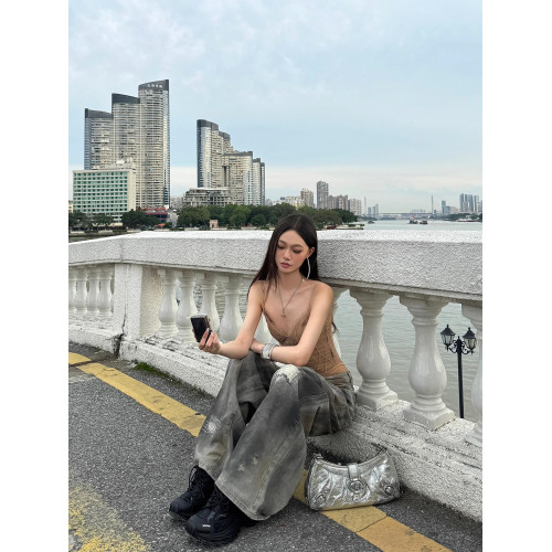 美式辣妹V領蕾絲拼接吊帶連體衣女夏季性感純欲修身外穿背心上衣