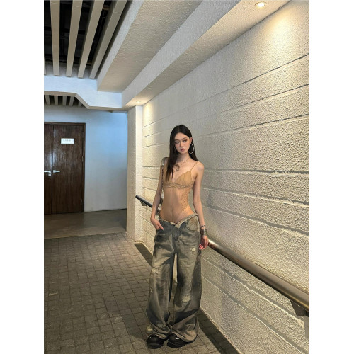 美式辣妹V領蕾絲拼接吊帶連體衣女夏季性感純欲修身外穿背心上衣