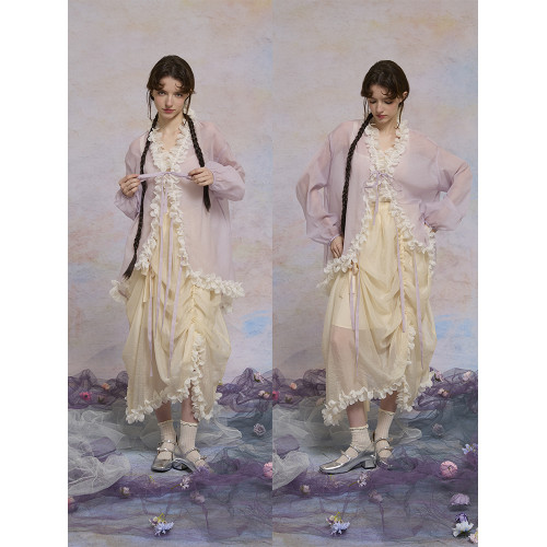 尾鳶錄2025原創設計杏色花朵衣擺襯衫女寬松顯瘦長袖度假風防曬衣