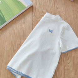 120-170 女童夏季短袖T恤 經典貝殼綉純棉上衣飛鳥刺綉法式度假風