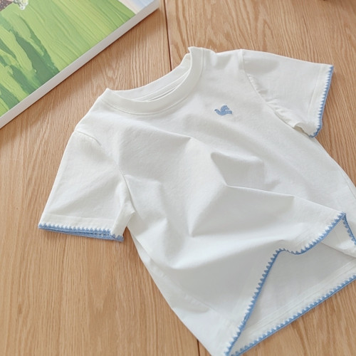 120-170 女童夏季短袖T恤 經典貝殼綉純棉上衣飛鳥刺綉法式度假風