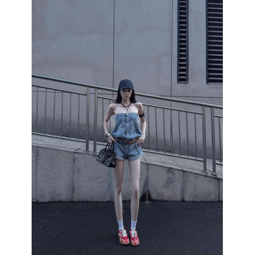 PUT 美式辣妹風性感抹胸牛仔連體衣女2025新款修身顯瘦無袖連體褲