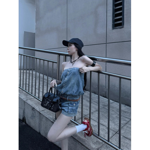 PUT 美式辣妹風性感抹胸牛仔連體衣女2025新款修身顯瘦無袖連體褲