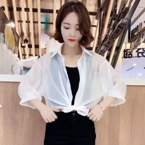 時尚防曬衣女夏季新款百搭短款外搭開衫打結設計薄款防紫外線上衣