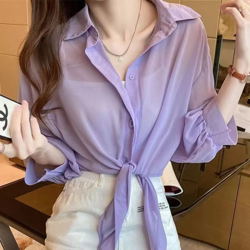 時尚防曬衣女夏季新款百搭短款外搭開衫打結設計薄款防紫外線上衣