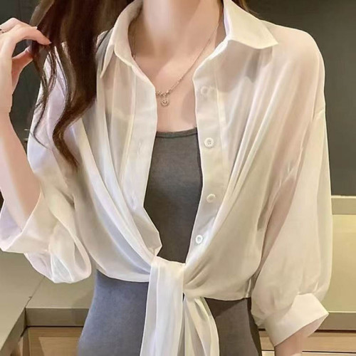 時尚防曬衣女夏季新款百搭短款外搭開衫打結設計薄款防紫外線上衣