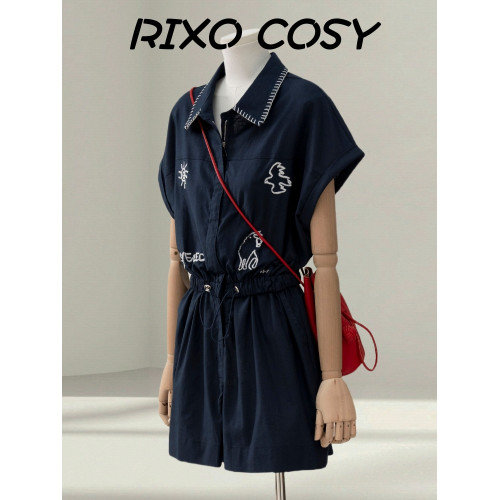 RIXO COSY設計感休閒刺綉連體短褲夏季小個子減齡修身氣質連體衣