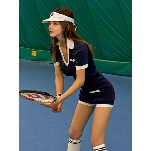 崑白藍色網球服女2025夏季新款千金老錢風顯瘦減齡運動連體衣短褲