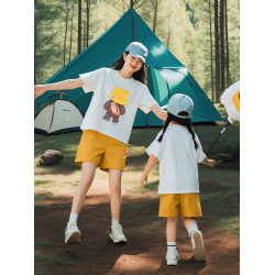 網紅親子裝夏季套裝一家三口2025新款炸街小熊母子母女裝純棉短袖