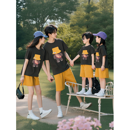網紅親子裝夏季套裝一家三口2025新款炸街小熊母子母女裝純棉短袖