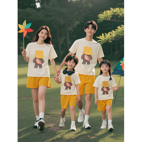 網紅親子裝夏季套裝一家三口2025新款炸街小熊母子母女裝純棉短袖
