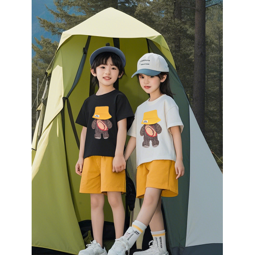 網紅親子裝夏季套裝一家三口2025新款炸街小熊母子母女裝純棉短袖
