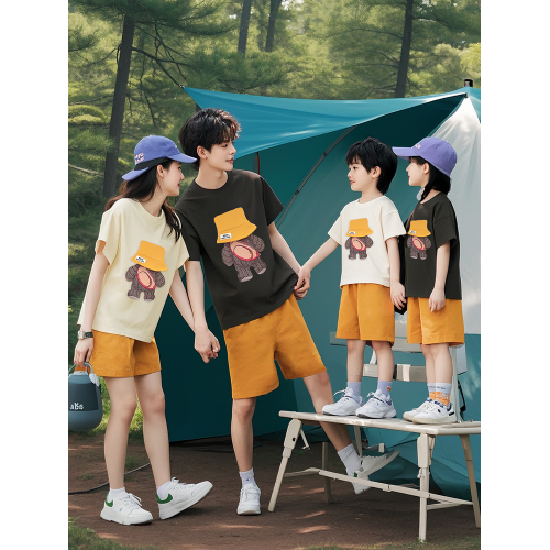 網紅親子裝夏季套裝一家三口2025新款炸街小熊母子母女裝純棉短袖