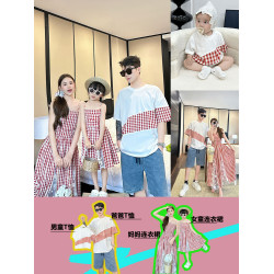 高級親子裝一家三口夏裝母子母女裝小月齡嬰兒格子短袖T恤連衣裙